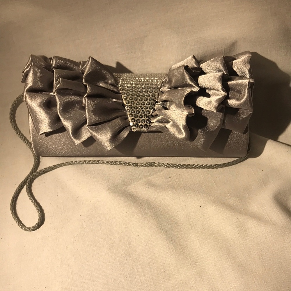 Jessica McClintock Silver Satin and Sequins Bow Clutch Shoulder Purse